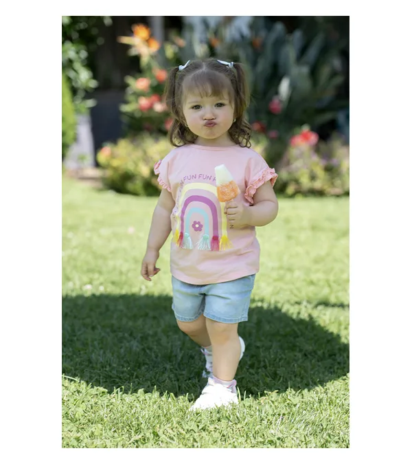 Polera Rosa Manga Corta Arcoíris